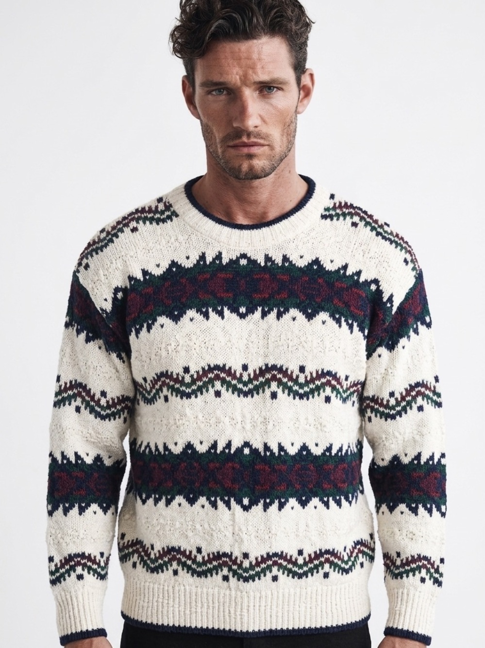 THE LODGE | Vintage Knit Grandpa Style Printed Pullover Crew Sweater Size Medium